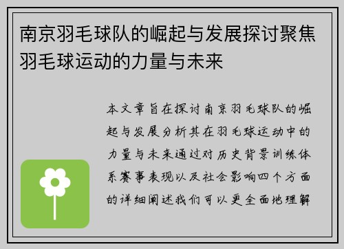南京羽毛球队的崛起与发展探讨聚焦羽毛球运动的力量与未来